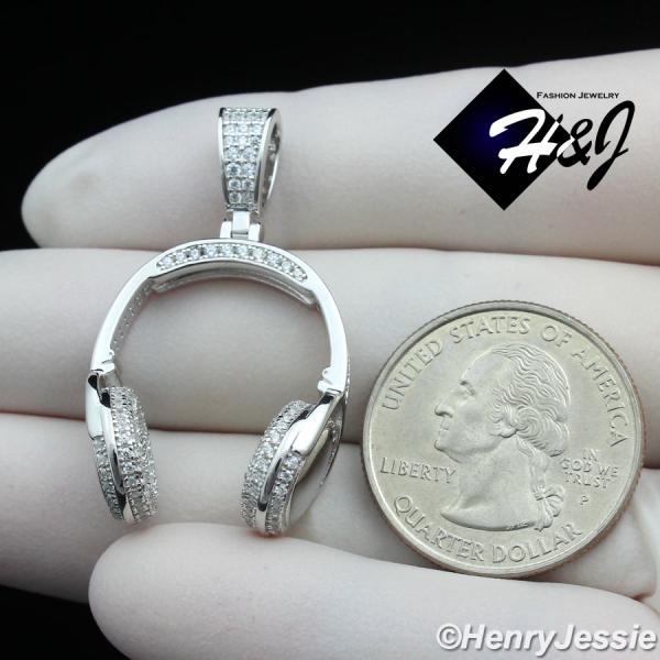 MEN 925 STERLING SILVER ICY BLING CZ GOLD PLATED/SILVER 3D HEADPHONE PENDANT*P401
