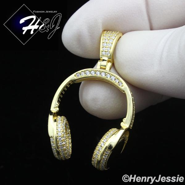 MEN 925 STERLING SILVER ICY BLING CZ GOLD PLATED/SILVER 3D HEADPHONE PENDANT*P401