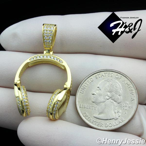 MEN 925 STERLING SILVER ICY BLING CZ GOLD PLATED/SILVER 3D HEADPHONE PENDANT*P401