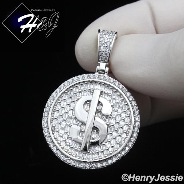 925 STERLING SILVER ICY BLING CZ GOLD PLATED/SILVER DOLLAR $ SIGN ROUND PENDANT*SP407