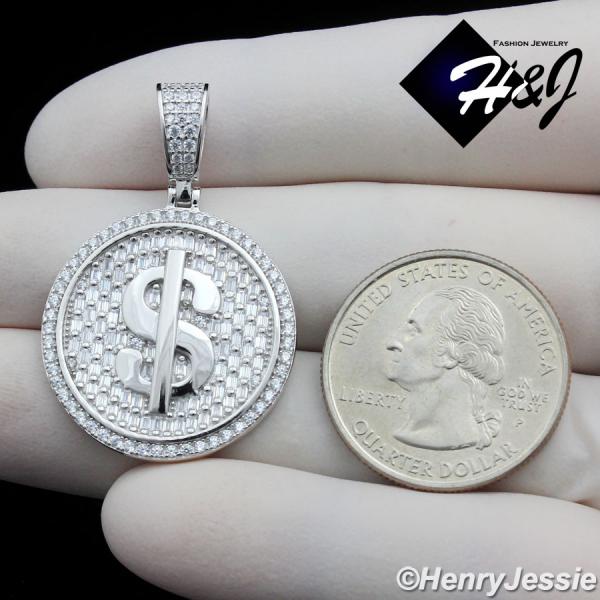 925 STERLING SILVER ICY BLING CZ GOLD PLATED/SILVER DOLLAR $ SIGN ROUND PENDANT*SP407