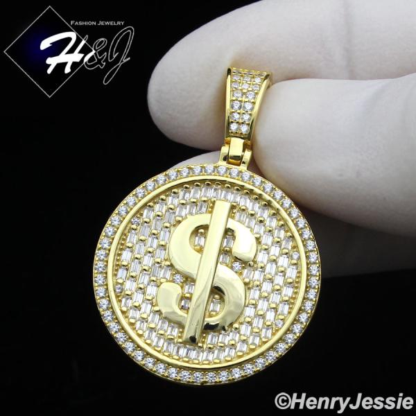 925 STERLING SILVER ICY BLING CZ GOLD PLATED/SILVER DOLLAR $ SIGN ROUND PENDANT*SP407