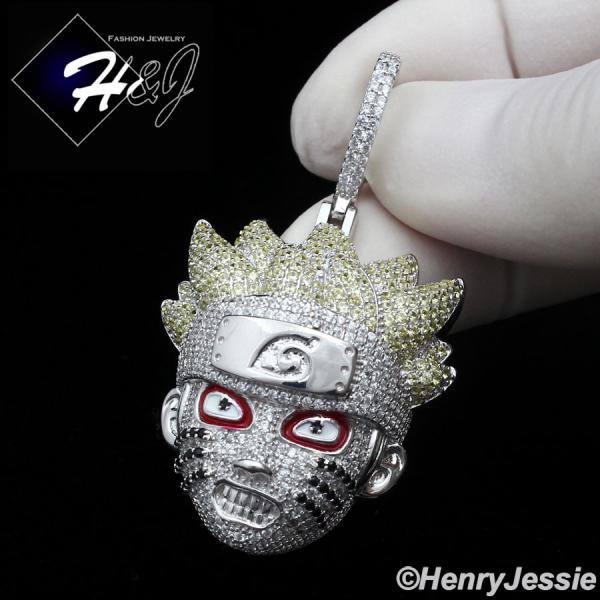 MEN SOLID 925 STERLING SILVER ICY BLING CZ 3D NARUTO UZUMAKI HEAD PENDANT*SP420