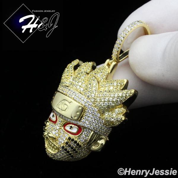 MEN 925 STERLING SILVER ICY BLING CZ 3D GOLD PLATED NARUTO UZUMAKI HEAD PENDANT*GP420