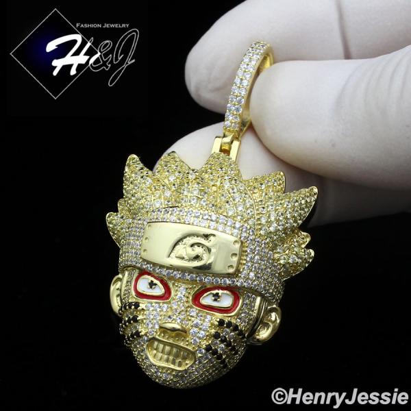 MEN 925 STERLING SILVER ICY BLING CZ 3D GOLD PLATED NARUTO UZUMAKI HEAD PENDANT*GP420