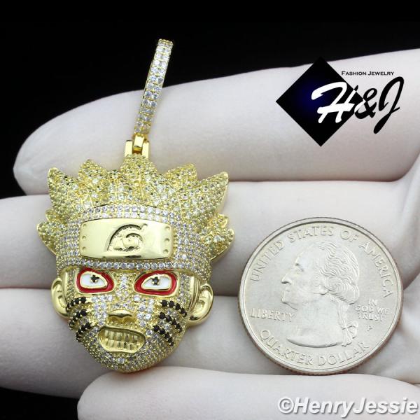 MEN 925 STERLING SILVER ICY BLING CZ 3D GOLD PLATED NARUTO UZUMAKI HEAD PENDANT*GP420
