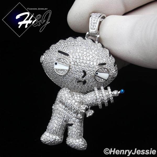 MEN SOLID 925 STERLING SILVER ICY CZ 3D STEWIE GRIFFIN FAMILY GUY PENDANT*SP436