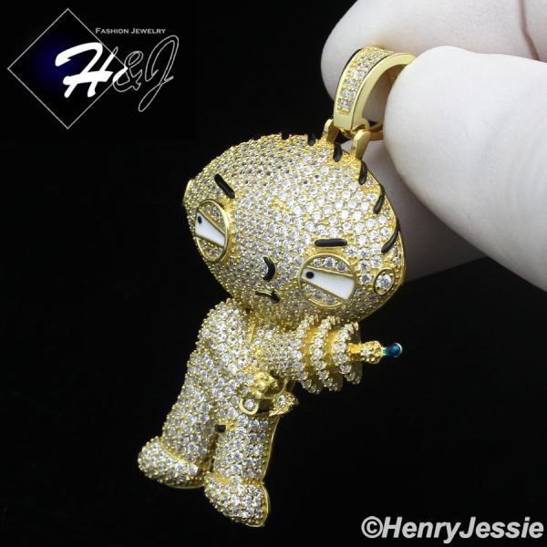 MEN 925 STERLING SILVER ICY CZ GOLD PLATED 3D STEWIE GRIFFIN FAMILY GUY PENDANT*GP436
