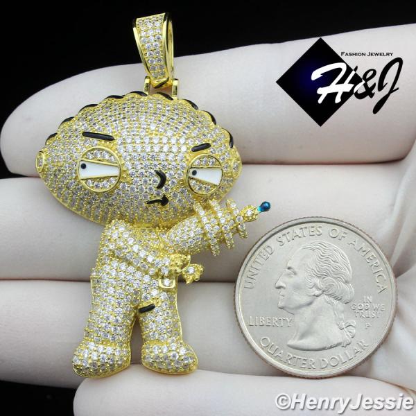 MEN 925 STERLING SILVER ICY CZ GOLD PLATED 3D STEWIE GRIFFIN FAMILY GUY PENDANT*GP436