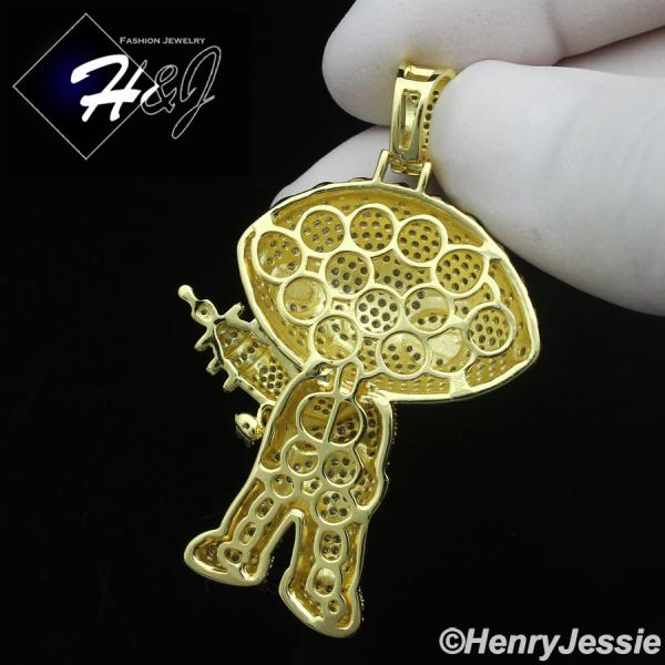 MEN 925 STERLING SILVER ICY CZ GOLD PLATED 3D STEWIE GRIFFIN FAMILY GUY PENDANT*GP436