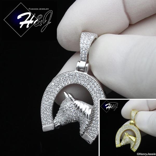 925 STERLING SILVER ICY CZ GOLD PLATED/SILVER HORSE HEAD HORSESHOE PENDANT*SP439