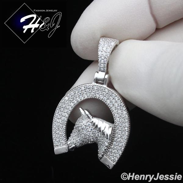 925 STERLING SILVER ICY CZ GOLD PLATED/SILVER HORSE HEAD HORSESHOE PENDANT*SP439