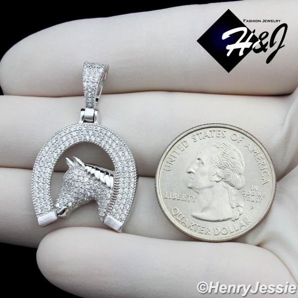 925 STERLING SILVER ICY CZ GOLD PLATED/SILVER HORSE HEAD HORSESHOE PENDANT*SP439