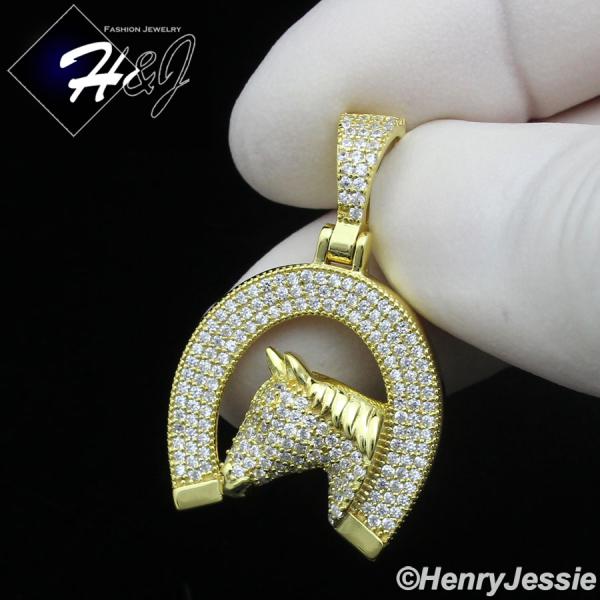 925 STERLING SILVER ICY CZ GOLD PLATED/SILVER HORSE HEAD HORSESHOE PENDANT*SP439