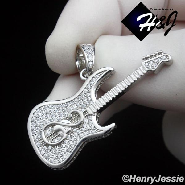MEN WOMEN 925 STERLING SILVER ICY CZ GOLD PLATED/SILVER 3D GUITAR PENDANT*SP459