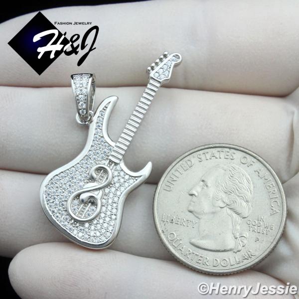 MEN WOMEN 925 STERLING SILVER ICY CZ GOLD PLATED/SILVER 3D GUITAR PENDANT*SP459
