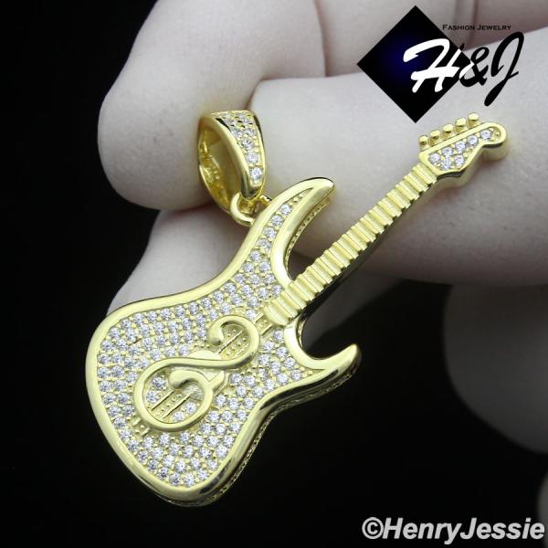 MEN WOMEN 925 STERLING SILVER ICY CZ GOLD PLATED/SILVER 3D GUITAR PENDANT*SP459