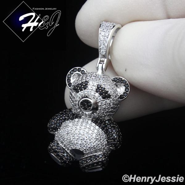 MEN WOMEN SOLID 925 STERLING SILVER ICY CZ 3D SILVER/BLACK PANDA PENDANT*SP460