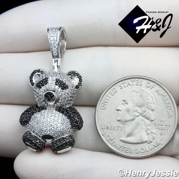 MEN WOMEN SOLID 925 STERLING SILVER ICY CZ 3D SILVER/BLACK PANDA PENDANT*SP460