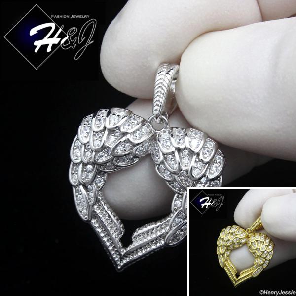 925 STERLING SILVER ICY CZ GOLD PLATED/SILVER 3D ANGEL WING HEART PENDANT*SP461