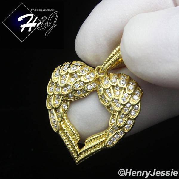 925 STERLING SILVER ICY CZ GOLD PLATED/SILVER 3D ANGEL WING HEART PENDANT*SP461