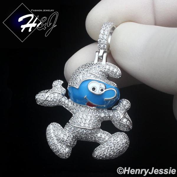 MEN SOLID 925 STERLING SILVER ICY BLING CZ 3D BLUE SMURF CARTOON PENDANT*SP476