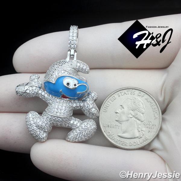 MEN SOLID 925 STERLING SILVER ICY BLING CZ 3D BLUE SMURF CARTOON PENDANT*SP476