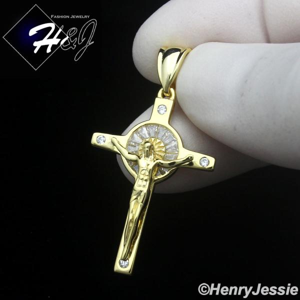 925 STERLING SILVER ICY CZ GOLD PLATED/SILVER 3D JESUS CHRIST CROSS PENDANT*P480