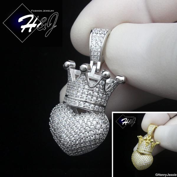 925 STERLING SILVER ICY BLING CZ GOLD PLATED/SILVER 3D HEART CROWN PENDANT*SP491