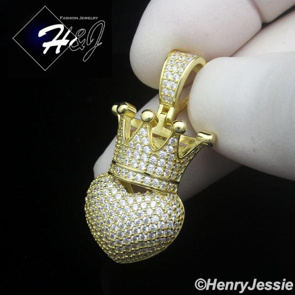 925 STERLING SILVER ICY BLING CZ GOLD PLATED/SILVER 3D HEART CROWN PENDANT*SP491