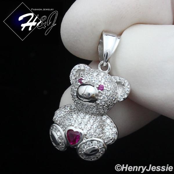 WOMEN SOLID 925 STERLING SILVER ICY BLING HEART PINK CZ 3D BABY BEAR PENDANT*SP447