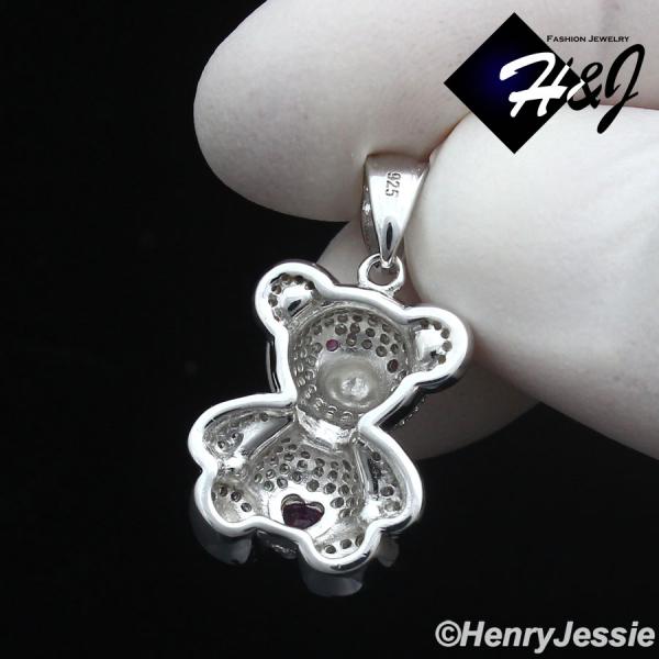 WOMEN SOLID 925 STERLING SILVER ICY BLING HEART PINK CZ 3D BABY BEAR PENDANT*SP447