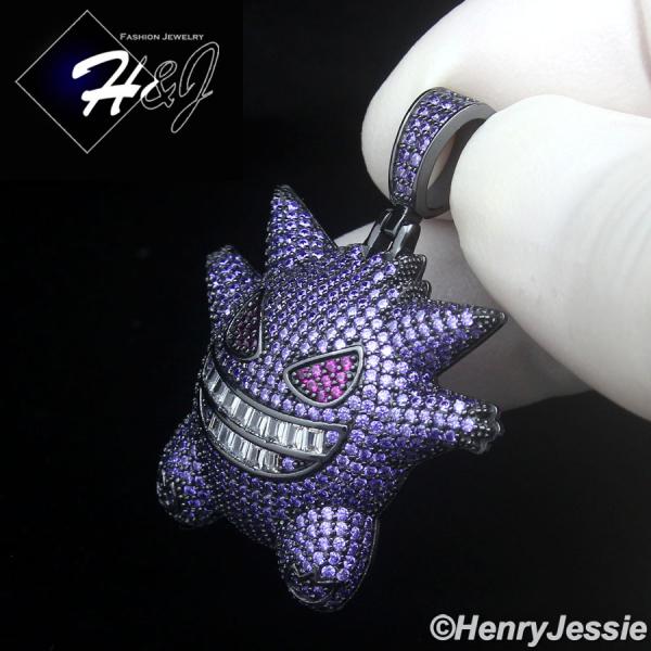 MEN 925 STERLING SILVER ICY PURPLE CZ 3D BLACK PLATED HIPHOP CARTOON PENDANT*P504