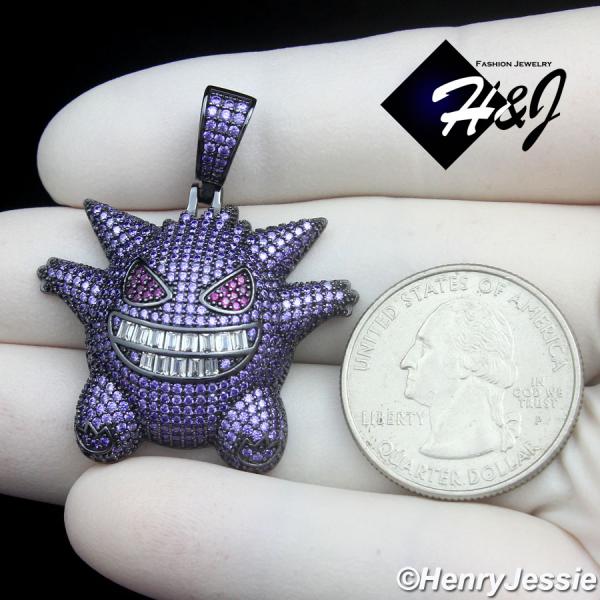 MEN 925 STERLING SILVER ICY PURPLE CZ 3D BLACK PLATED HIPHOP CARTOON PENDANT*P504