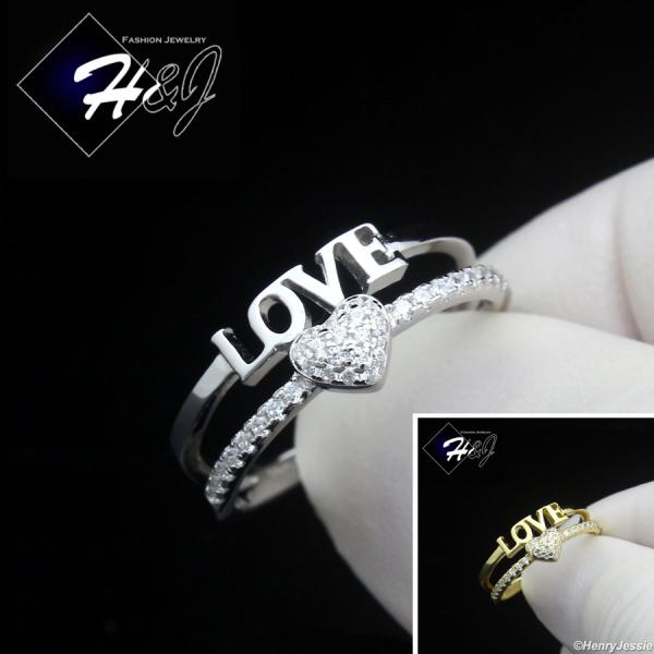 WOMEN 925 STERLING SILVER ICY CZ HEART GOLD PLATED/SILVER "LOVE" RING*SR220