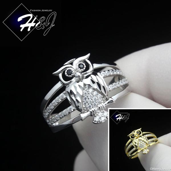 WOMEN 925 STERLING SILVER ICY BLING CZ GOLD PLATED/SILVER 3D OWL BIRD RING*SR221