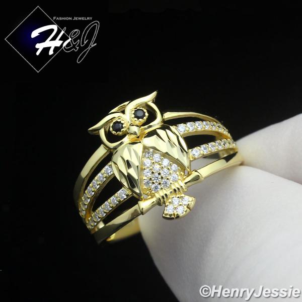 WOMEN 925 STERLING SILVER ICY BLING CZ GOLD PLATED/SILVER 3D OWL BIRD RING*SR221