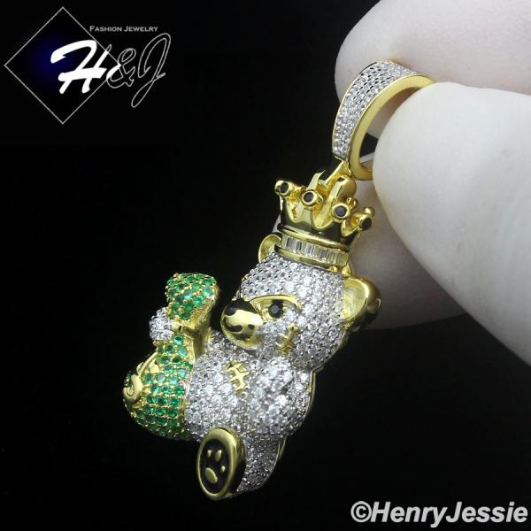 925 STERLING SILVER ICY BLING CZ GOLD PLATED 3D HIPHOP BEAR KING PENDANT*GP482