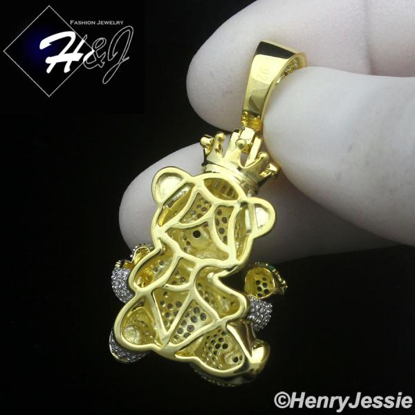 925 STERLING SILVER ICY BLING CZ GOLD PLATED 3D HIPHOP BEAR KING PENDANT*GP482