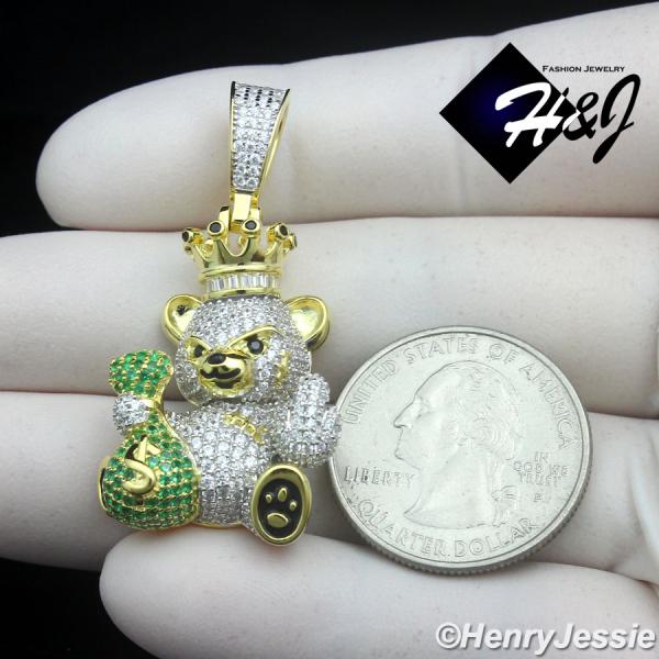 925 STERLING SILVER ICY BLING CZ GOLD PLATED 3D HIPHOP BEAR KING PENDANT*GP482