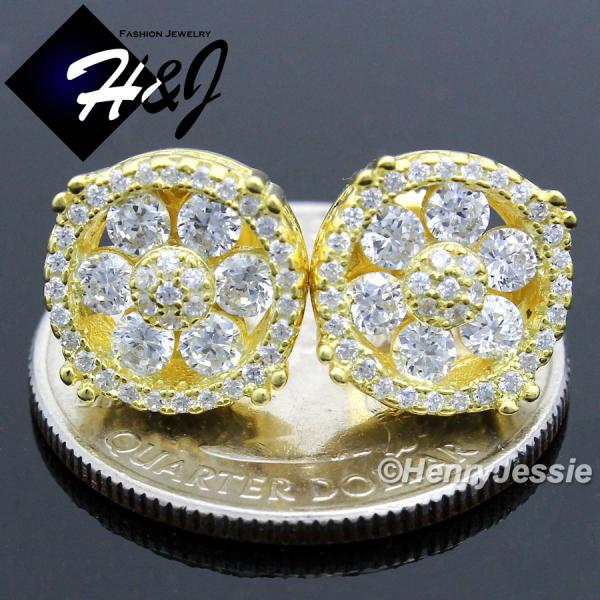 MEN 925 STERLING SILVER ROUND 11MM ICY BLING CZ PUSH BACK GOLD STUD EARRING*GE71