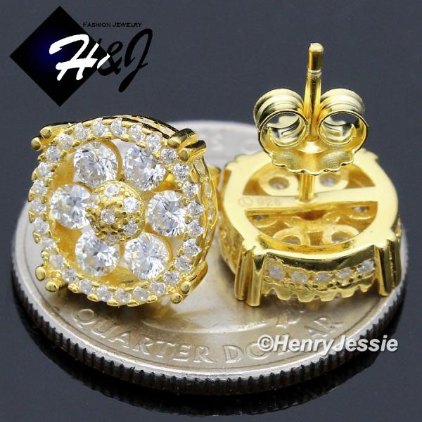 MEN 925 STERLING SILVER ROUND 11MM ICY BLING CZ PUSH BACK GOLD STUD EARRING*GE71